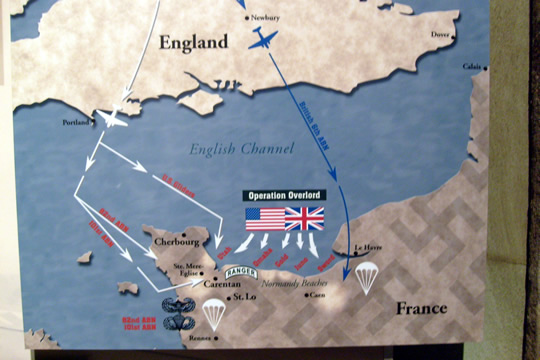 D-Day Invasion of Normandy
This is a map showing all the points of invasion. Well thought out, many things went wrong as paratroopers were dropped in the wrong place and landing craft hit the beaches miles away. Still, many things went right including the most important missions to win the day. Gliders were also used.
