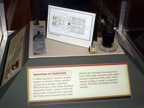 Weapons of Sabotage
These delayed explosive devices and other weapons in the museum such as the tiny one bullet gun, hidden knives,  and silencers are the stock in trade of spies and saboteurs. There really are research and development departments who design this stuff for them just like Q in James Bond.

The explosive on the left was placed on rail lines. The one on the right could be used in gas tanks and cans. These allowed attackers to be far away when they were activated.
