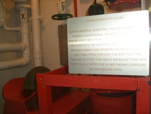 Foam generator room
Manned during operations to mix the foam chemicals and pipe them through the ship to extinguish fires.
