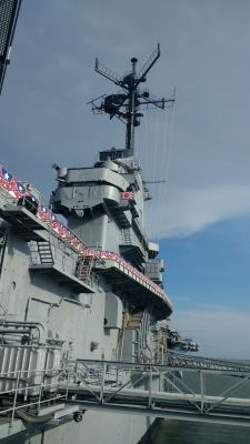Japanese flag up on the tower
Flag marks where a kamikaze hit the bridge
