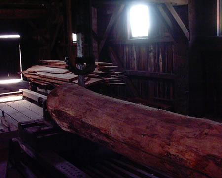 The sawmill inside
The circular saw is actually a more modern invention. In this mill prior to that, they used an up and down blade like a jigsaw to saw logs. This wasted much of the wood before they came up with the cleaner cutting circular saw. The logs were hauled up a ramp on carts.
