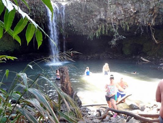 Swimming the waterfall pool
It was ice cold but I swam it and even went behind and through the waterfall. Since I was all trussed up in pants and combat boots with my bathing suit on underneath and it was very rocky on the bottom, I went in with all my clothes on... again.
