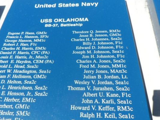 USS Oklahoma Memorial
It sank overturned. Welders were able to cut the bottom to rescue a few but many were trapped and died. There is a Kane on the list!
