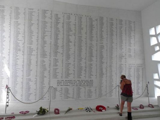 USS Arizona Memorial wall of those who died at Pearl Harbor

