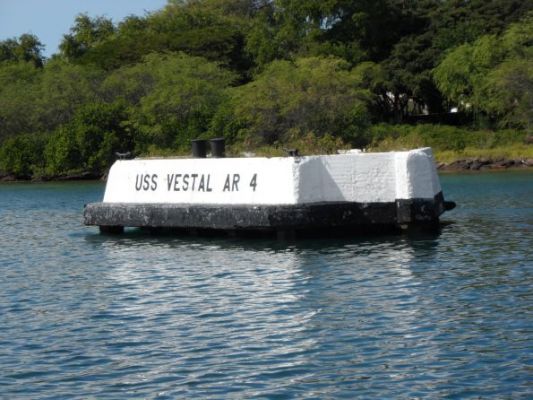 The USS Vestal anchored here next to the USS Arizona on Dec. 7, 1941
Badly damaged and on fire, they cut the lines and got underway. Had to ground it at Aiea Bay to save it from sinking. Captain awarded Medal of Honor.
