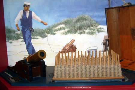 Recue line cannon
The cannon fires the rescue line out to ships in distress in the surf. The line is tied off and instructions sent out with it tell them how to use it to get people off the ship. A surf boat is used when possible. 
