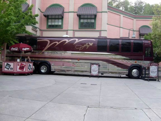 Dolly's tour bus
Aside from the mirrors and triple bunkbeds for staff, not much different inside than any other RV. Does have a 17,000 watt generator, enough to power a regular home. Can hold enough gas to go non-stop from Pigeon Forge, TN to Los Angeles, CA.
