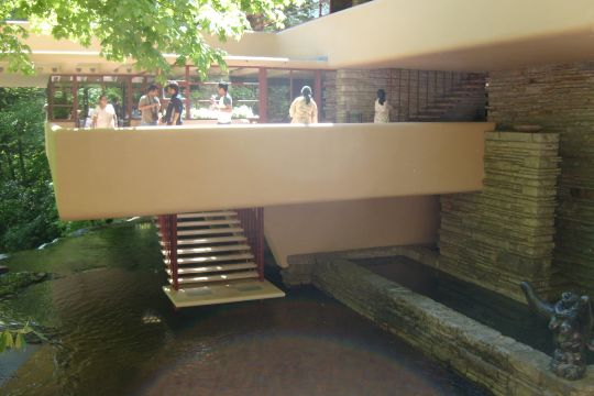 Entire home was built over a stream on cantilevers
The stairs come down from the living room to the stream to wade or fish.

