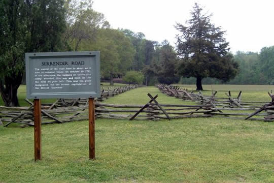 Surrender Road
British to the left and Americans to the right, here the British surrendered thus beginning the end of the Revolutionary War.
