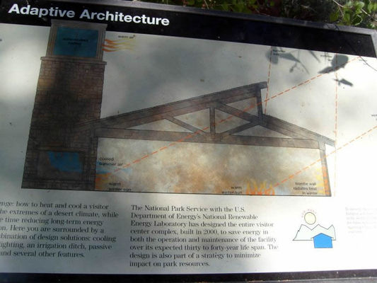 How cooling towers work
The towers provide both cool air and heat depending on the sun's position. 
